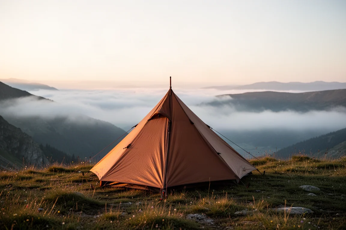 Kleines braunes Trekkingstock-Zelt, das im ersten Licht allein auf einem grasbewachsenen alpinen Grat steht