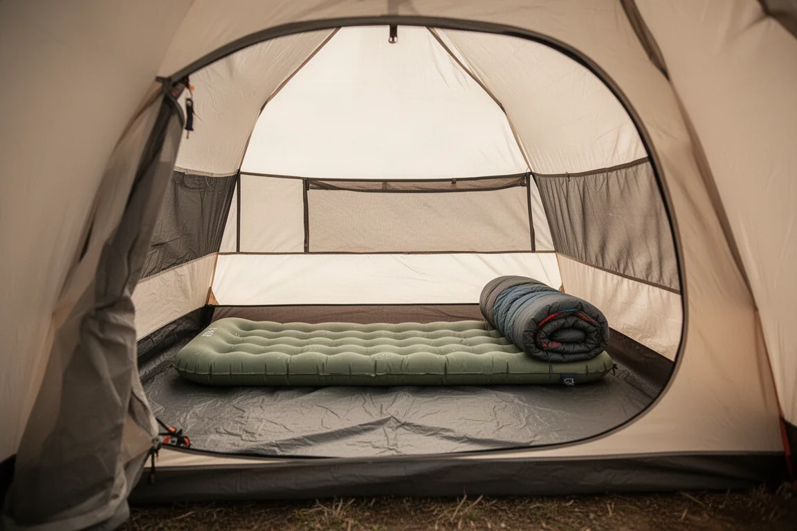 Innenraum eines einwandigen Zelts mit Isomatte, Schlafsack und Mesh-Wandpaneelen