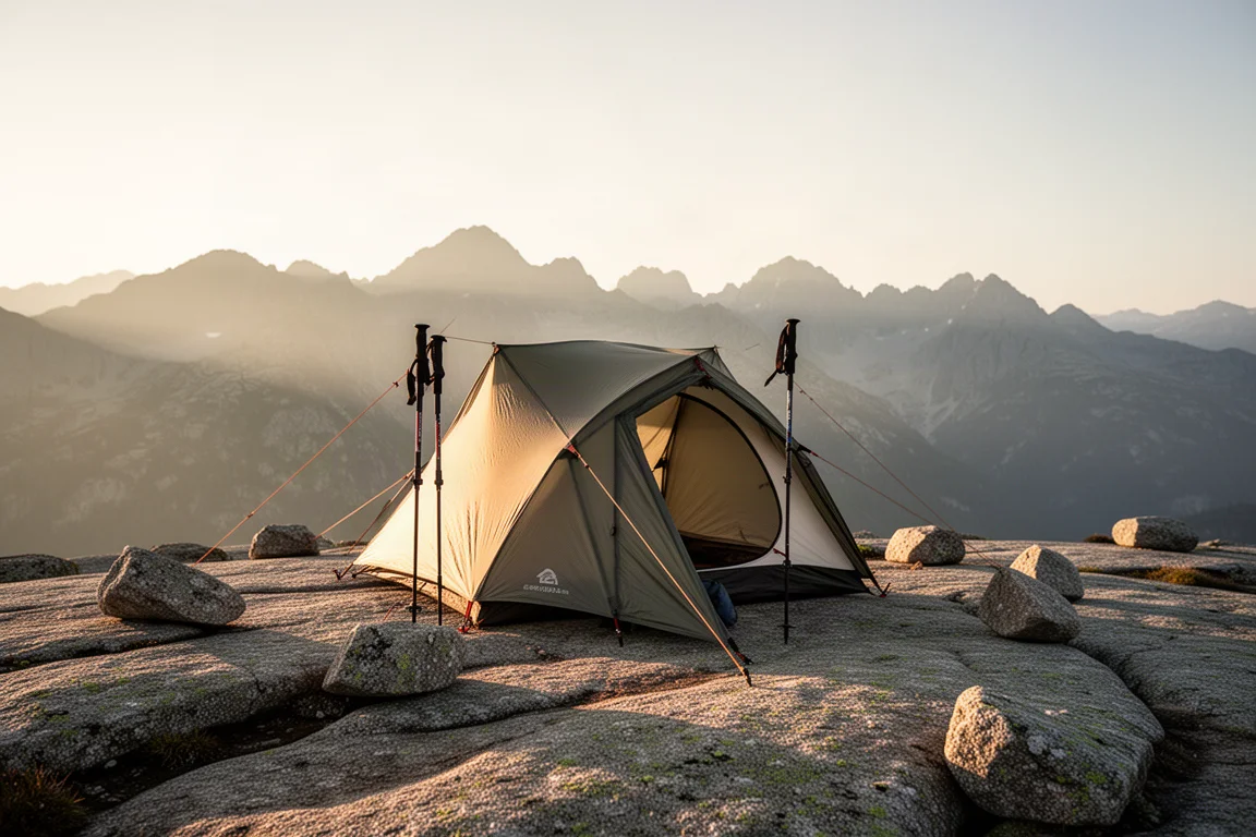Trekkingstock-Zelt auf einem felsigen Granitplateau mit Bergen im Hintergrund