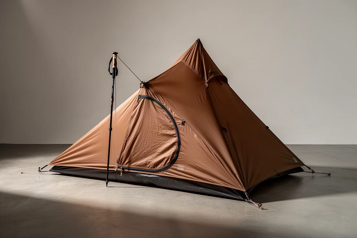 Brown single wall trekking pole tent pitched on a concrete floor in soft studio light