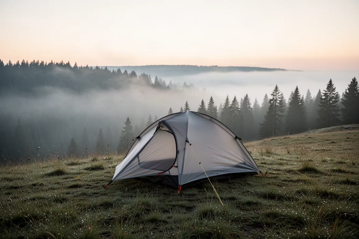 Petite tente ultralégère montée sur une crête herbeuse à l'aube avec de la brume dans la vallée