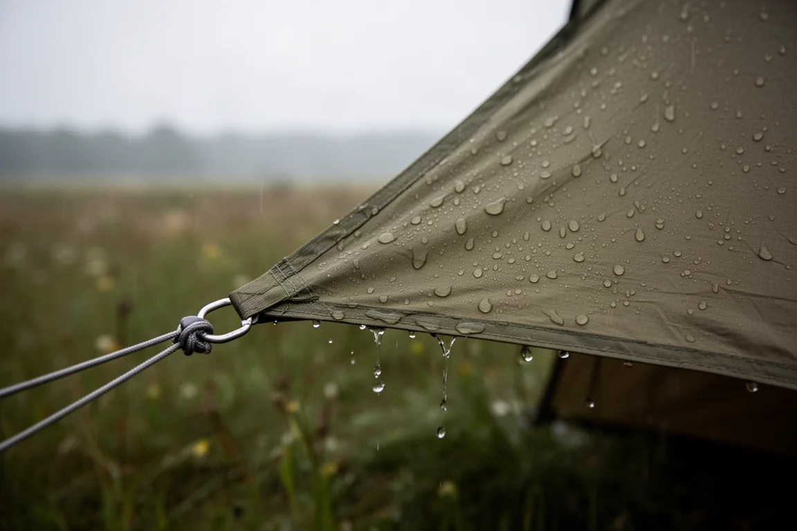 Pluie perlant et ruisselant sur une toile de tente olive en silnylon tendue avec un hauban