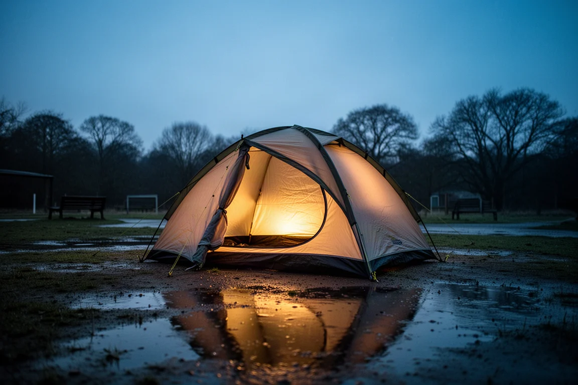 Tente compacte pour une personne éclairée de l'intérieur au crépuscule sur un camping tranquille