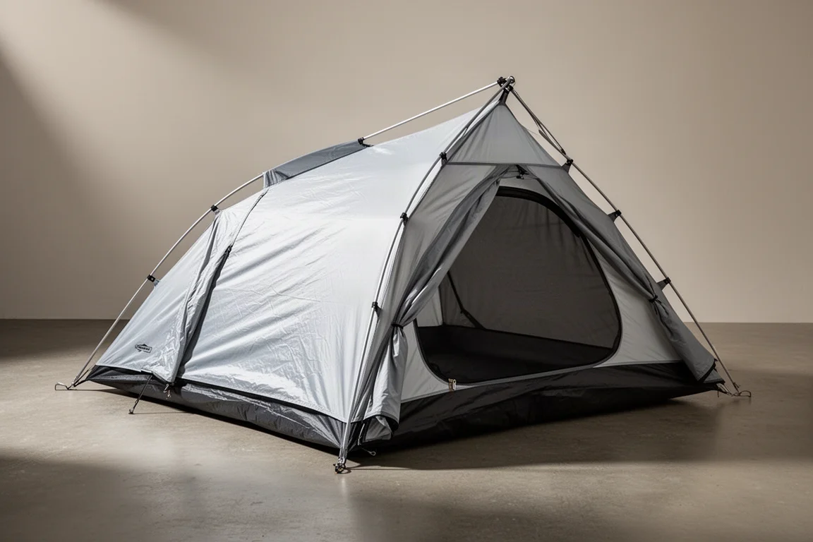 Two-door backpacking tent pitched on concrete with vestibules rolled back showing mesh walls