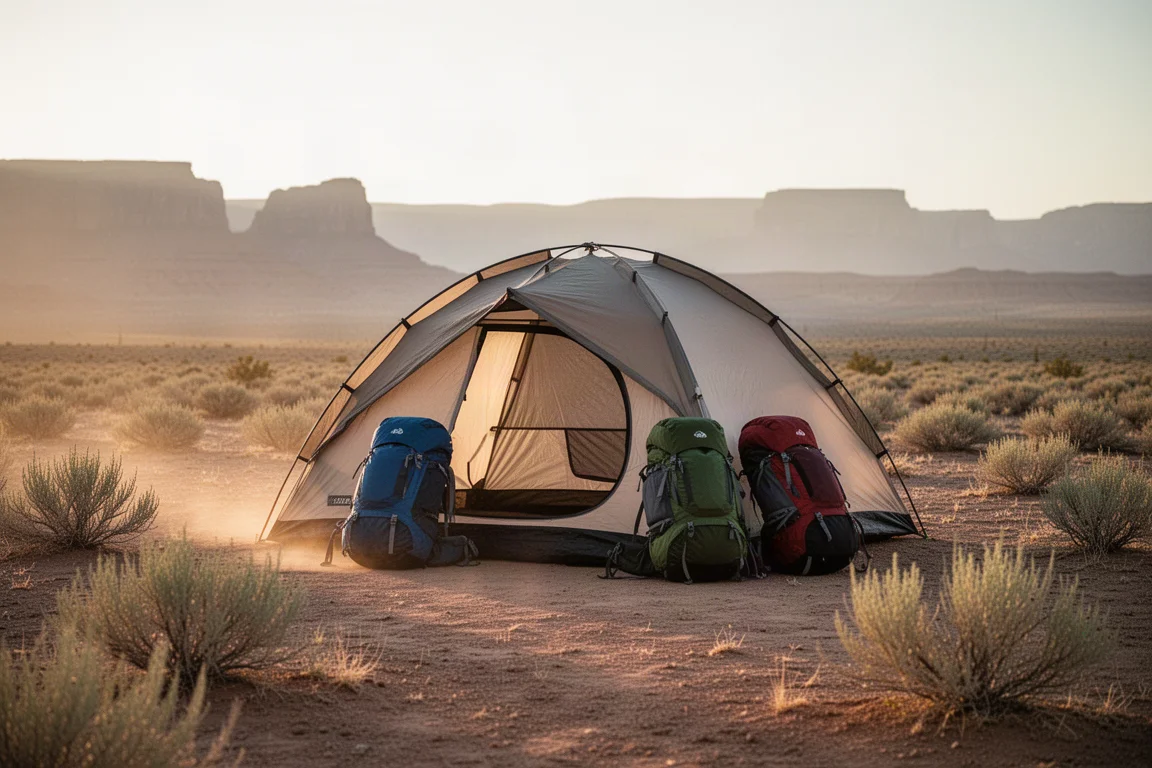 Backpacking tent pitched on desert ground at golden hour with two loaded backpacks beside it