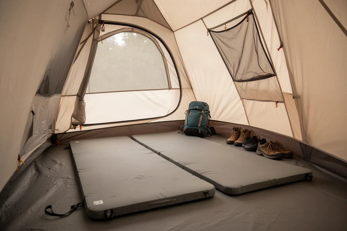 Interior of a two-person tent with two sleeping pads and gear along the wall
