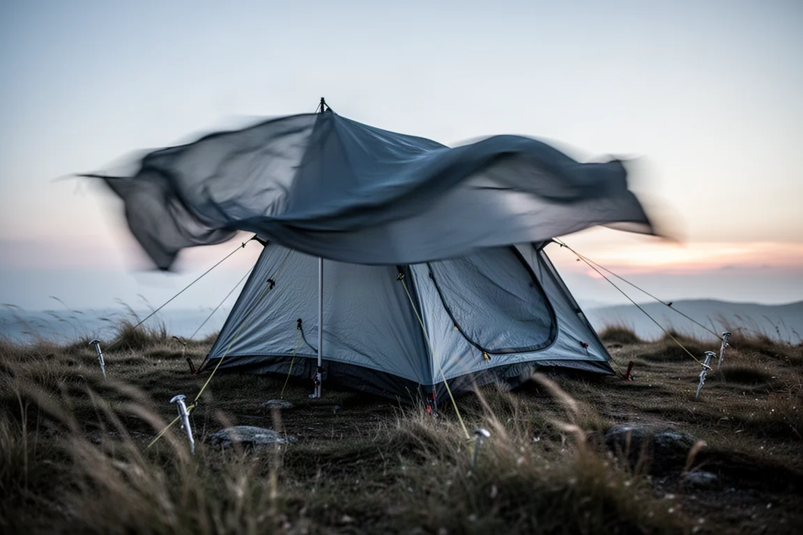 Tent fly rippling in strong wind on an exposed ridge at dusk