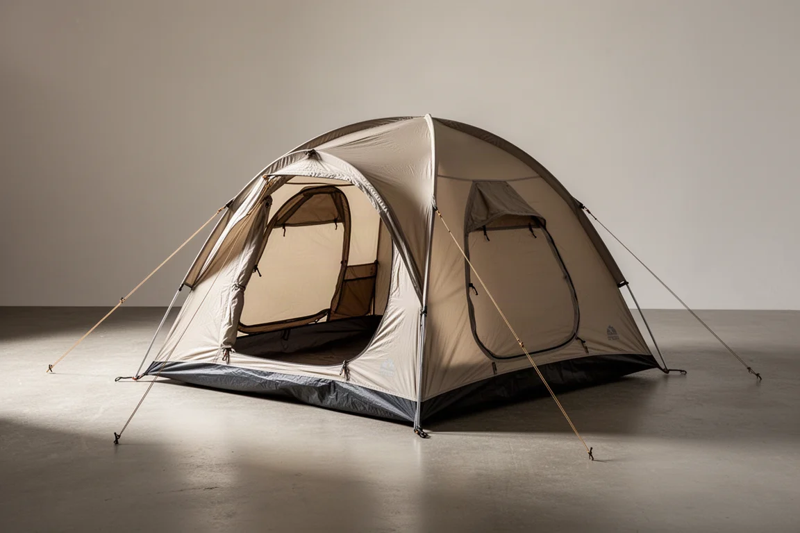 Lightweight two-person backpacking tent pitched on a concrete surface in soft studio light