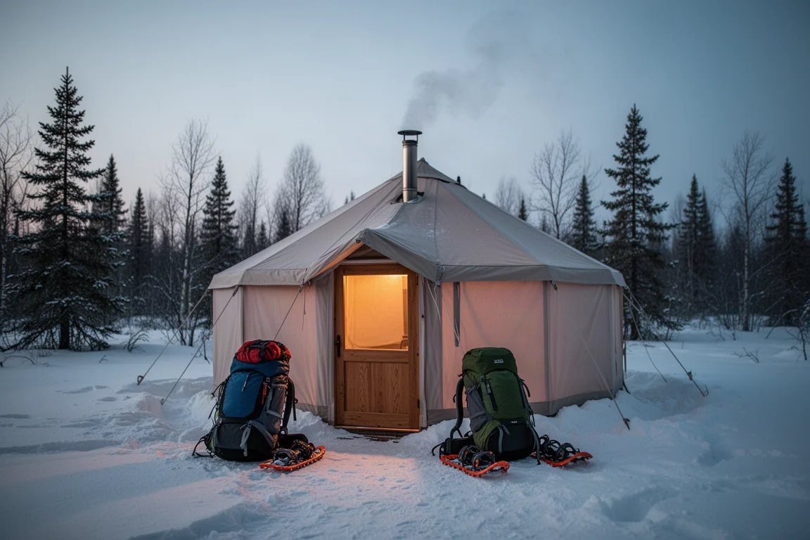 Camp de base hivernal avec une tente chauffante qui rougeoie, un sac à dos chargé et la fumée du tuyau de poêle au crépuscule