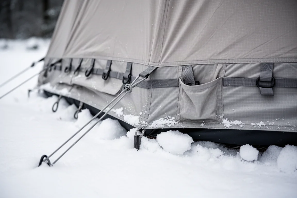 Gros plan sur les boucles de piquets et la neige tassée le long de la base d'une tente d'hiver