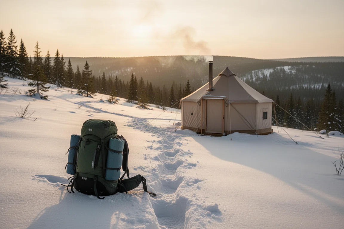 Sentier enneigé à l'aube avec un sac à dos chargé et une tente chauffante au loin