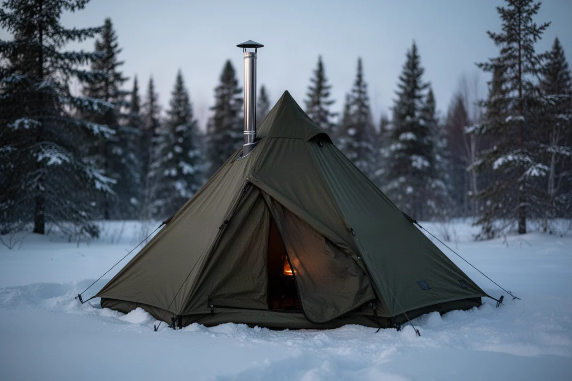 Eight-sided hot tent with a stainless stovepipe pitched in a snowy forest clearing at dusk