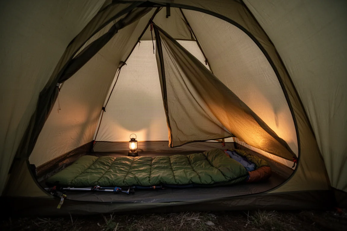 Interno di una tenda a bastoncini da trekking al crepuscolo con stuoino e luce di una lanterna