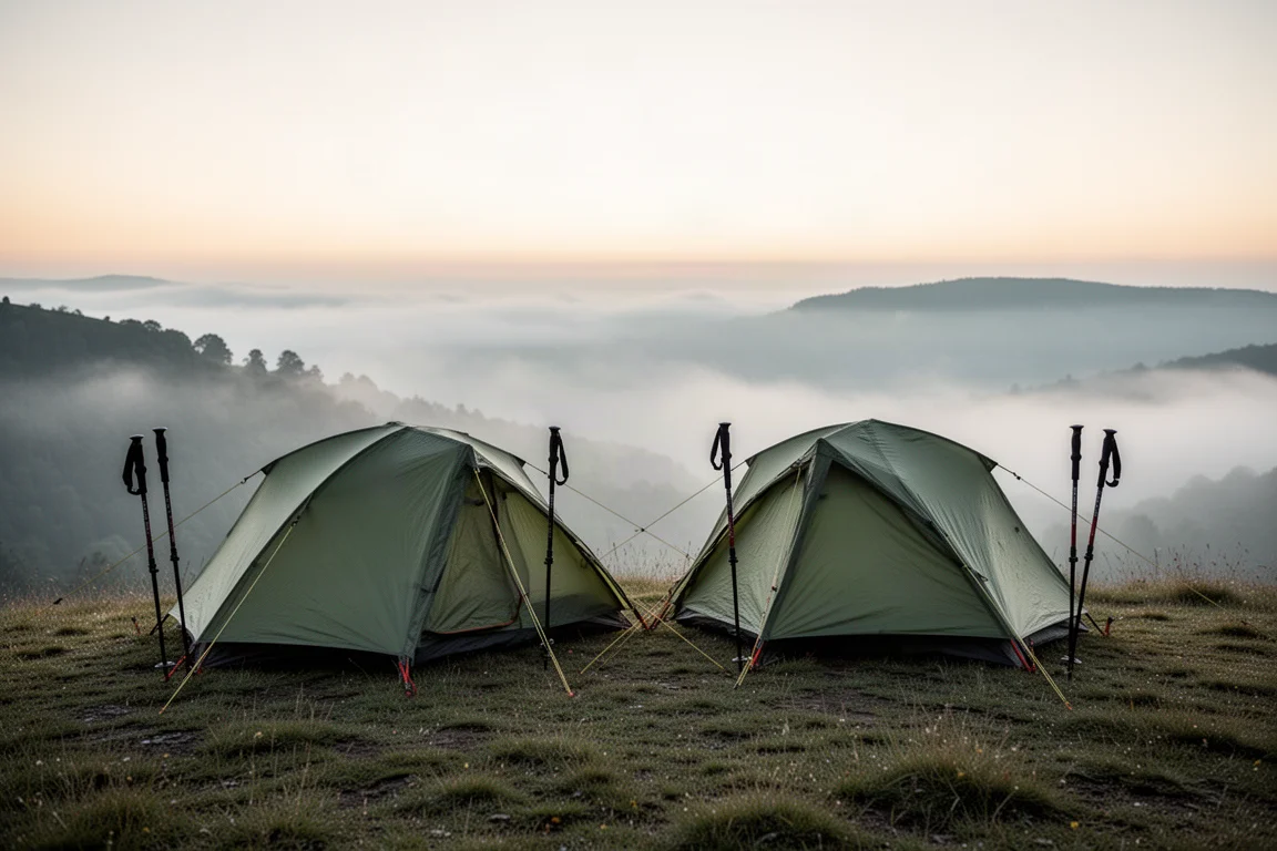 Due tende a bastoncini da trekking montate una accanto all'altra su una cresta nebbiosa all'alba