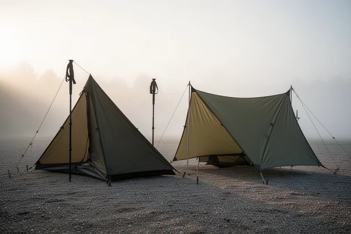 Two low-profile trekking pole tents pitched side by side at dawn