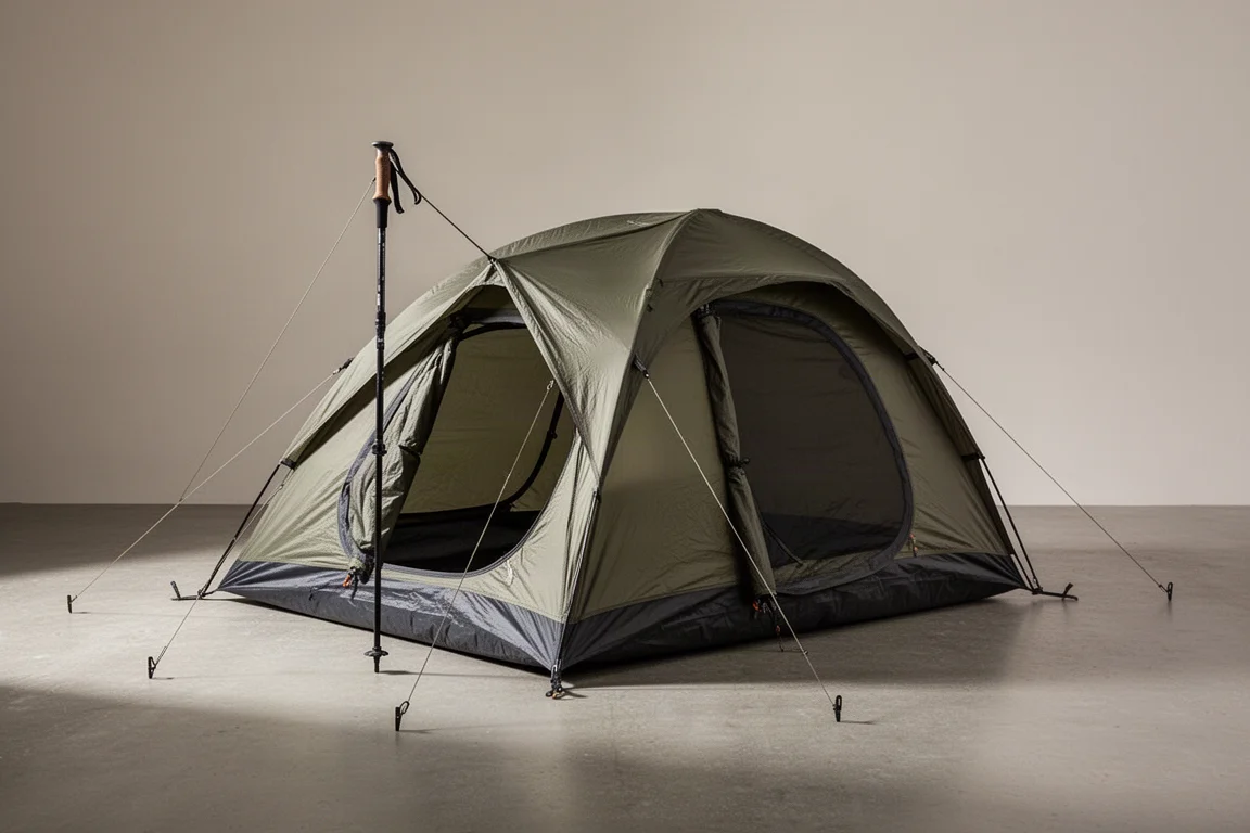 Single-wall trekking pole backpacking tent pitched on a concrete surface with guy lines staked out