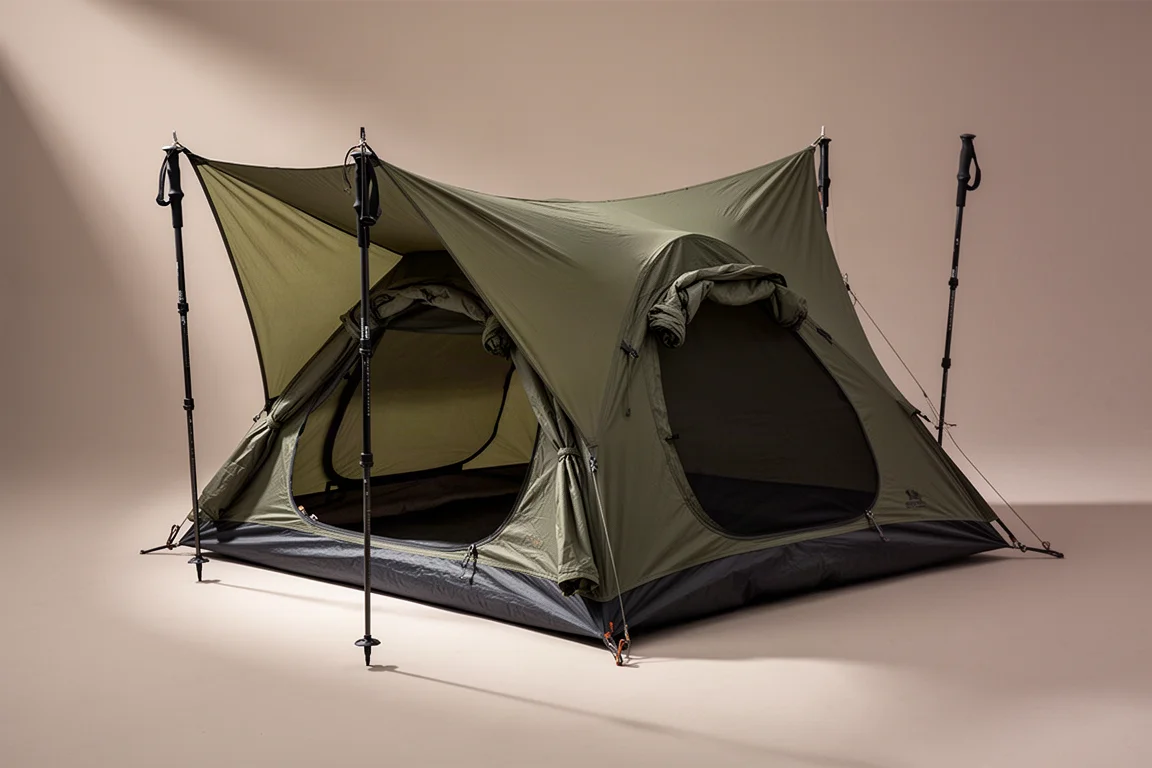 Olive single-wall backpacking tent pitched on concrete with trekking pole supports and open doors