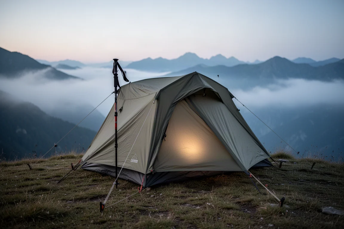 Trekking pole tent pitched on a grassy mountain ledge at blue hour with mist in the valley