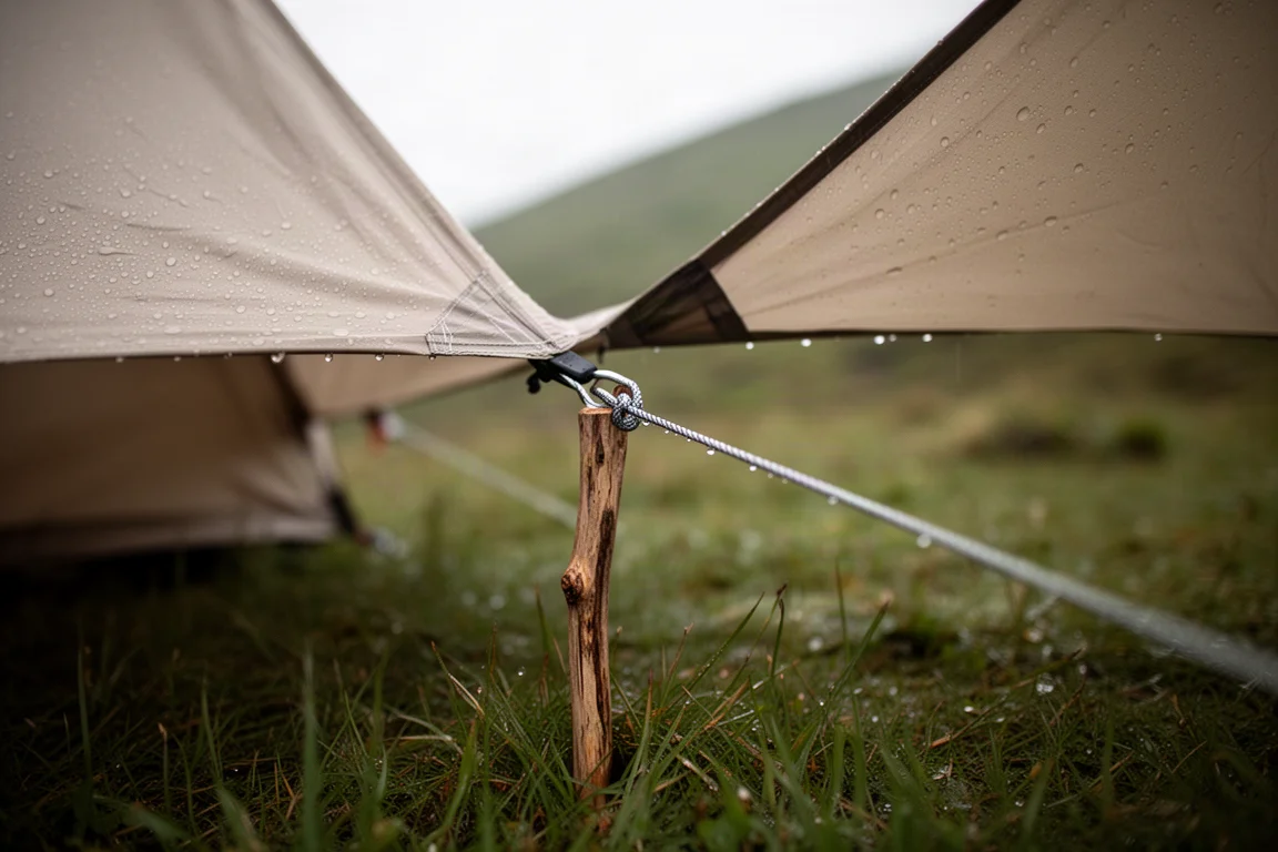Close-up of a tent guyline anchored to a wooden stick pushed into damp grass