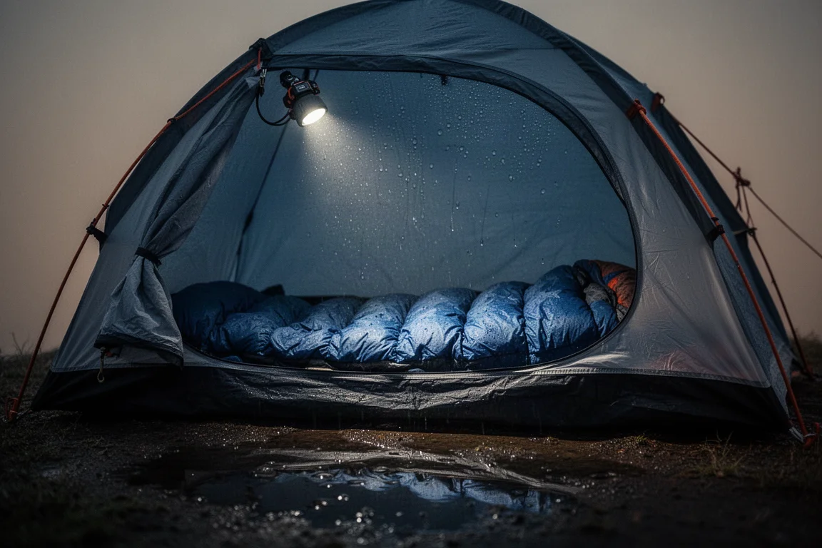 Tent interior at night with condensation on the inner wall and water on the floor