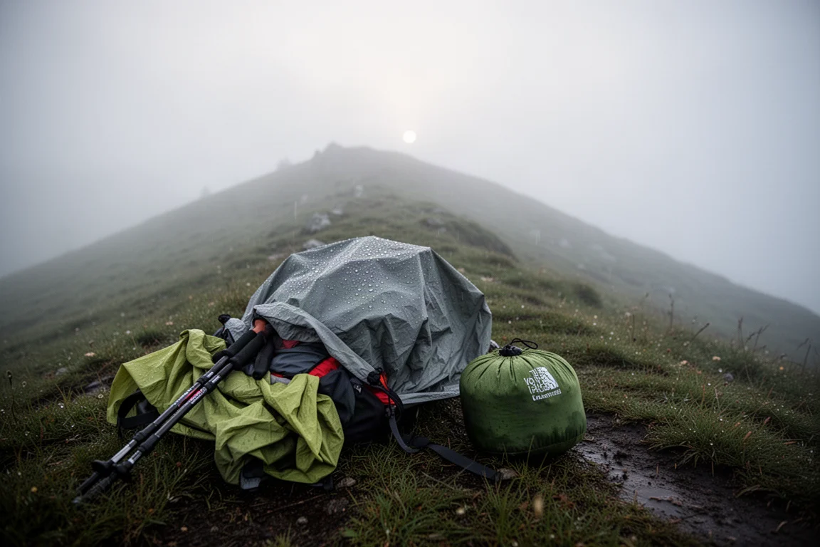 Wet backpacking tent being packed away at dawn on a foggy mountain ridge