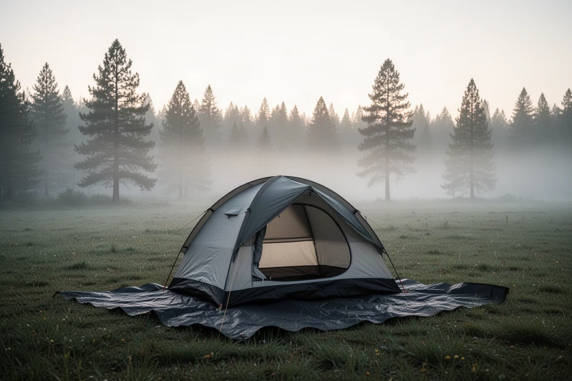 Tenda montata su un campeggio erboso all'alba con un telo scuro visibile sotto il fondo