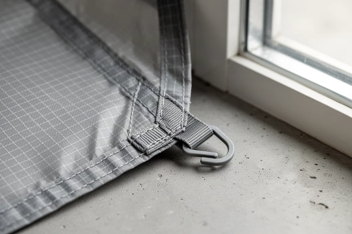 Primo piano di un passante angolare in fettuccia e gancio su tessuto ultralight in nylon ripstop