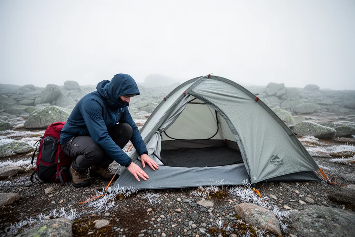 Backpacker in ginocchio che ispeziona il fondo di una tenda montata su terreno alpino freddo e roccioso
