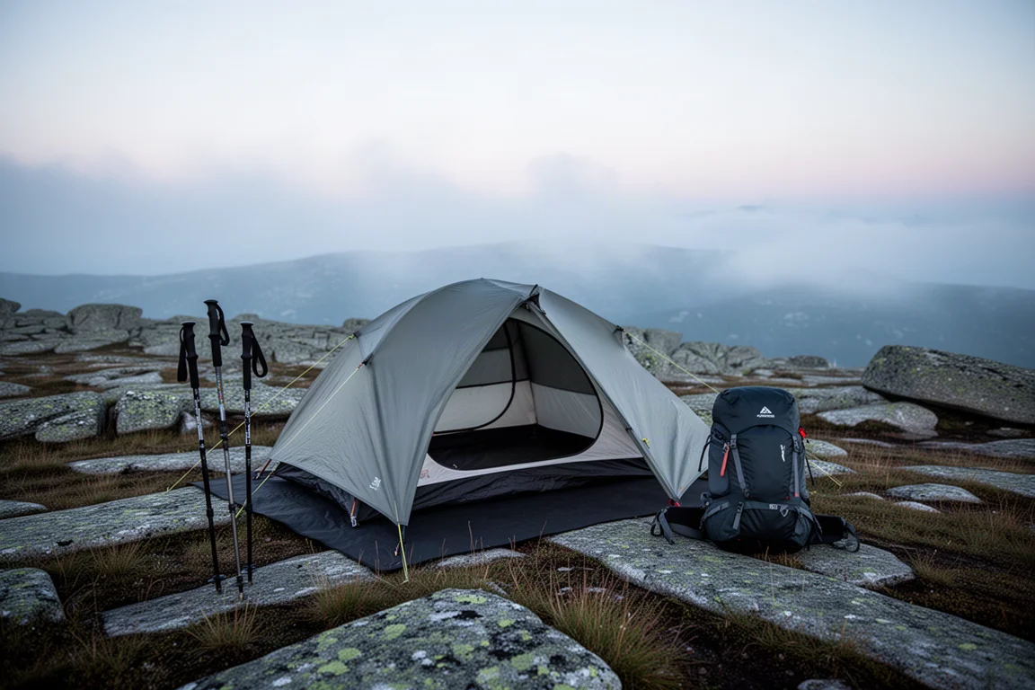 Tweepersoonstent opgezet op een donker beschermend grondzeil op een alpine camping tijdens het gouden uur