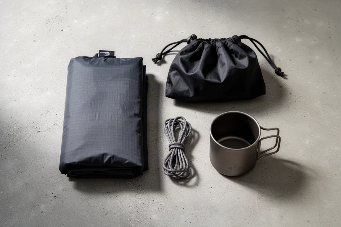 Close-up van donkere ripstop nylon grondzeilstof met gestikte naad en waterdruppels