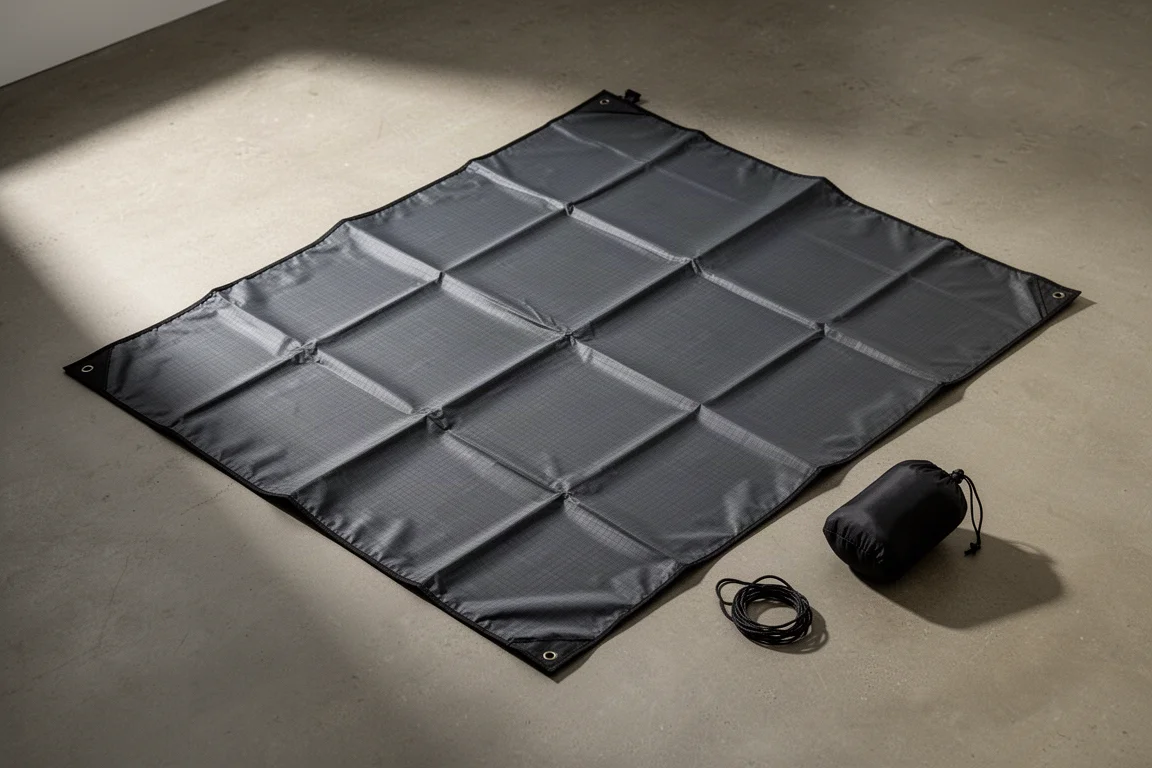 Large charcoal ultralight camping ground sheet with black stuff sack on a concrete floor