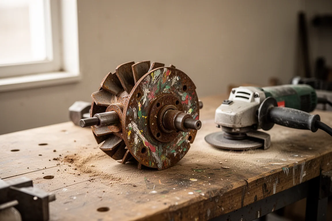 Werkbank met een roestige, beschilderde metalen rotor naast een hoekslijper