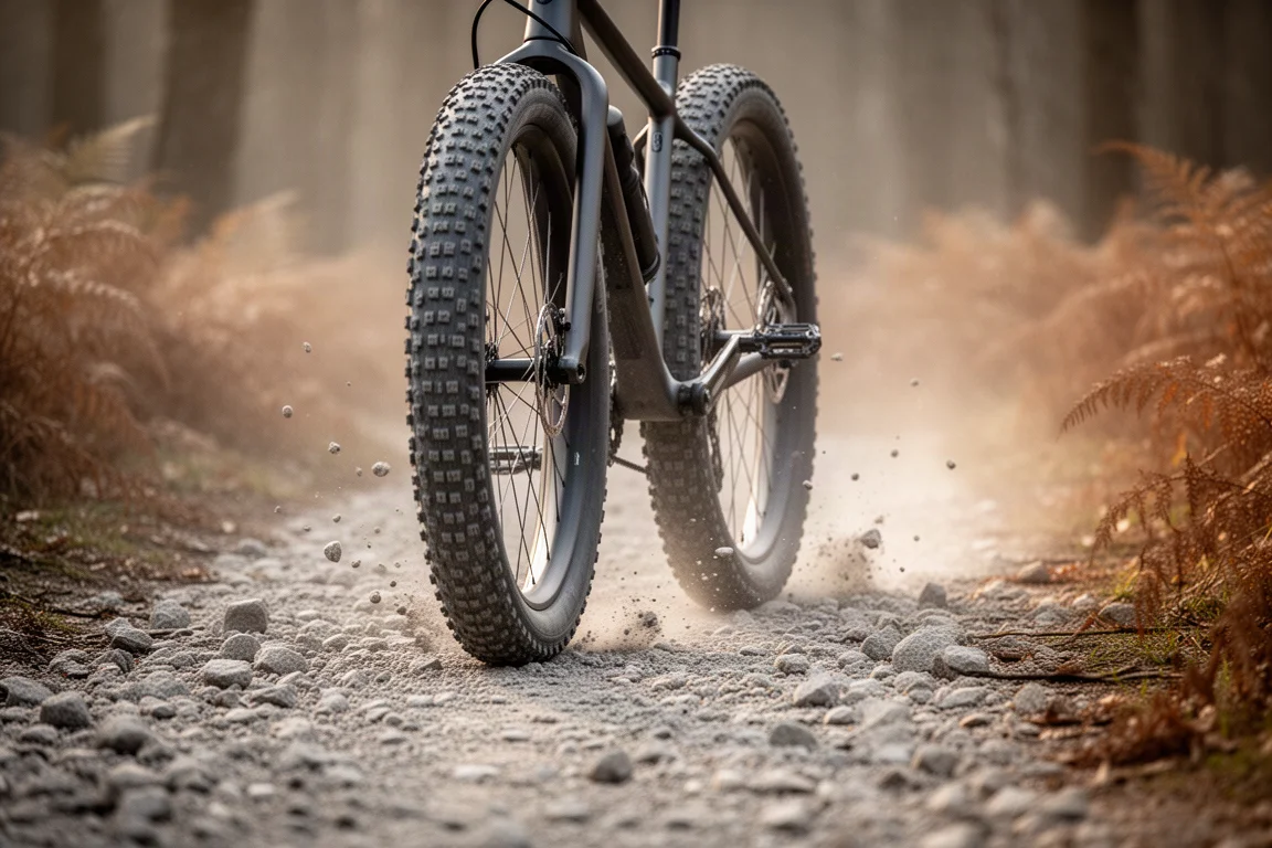 Gravelcyklist som cyklar en cykel med breda däck på en stenig bergsstig i gryningen
