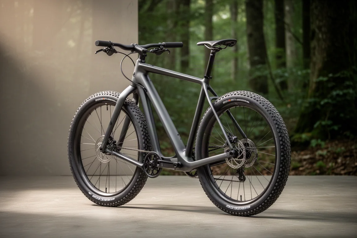 Carbon gravel bike with wide knobbly tyres standing on a matte concrete surface