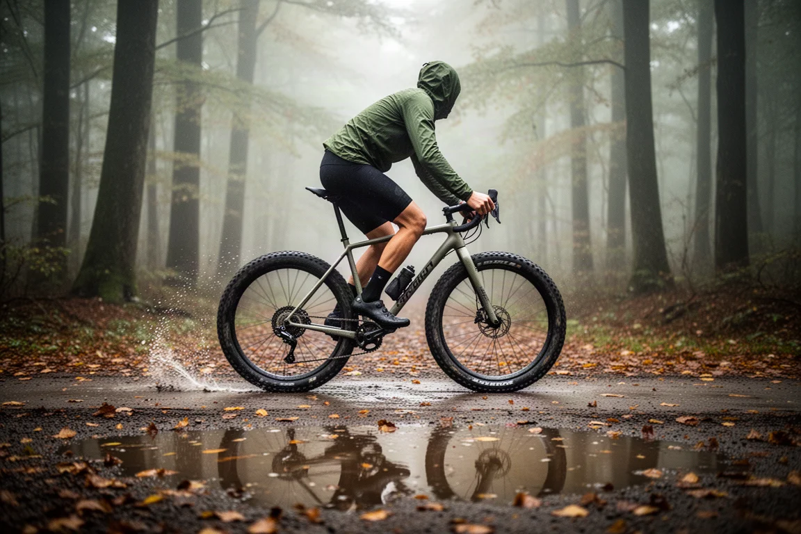 Ciclista de gravel em bike de guidão drop com pneus largos em trilha lamacenta na floresta