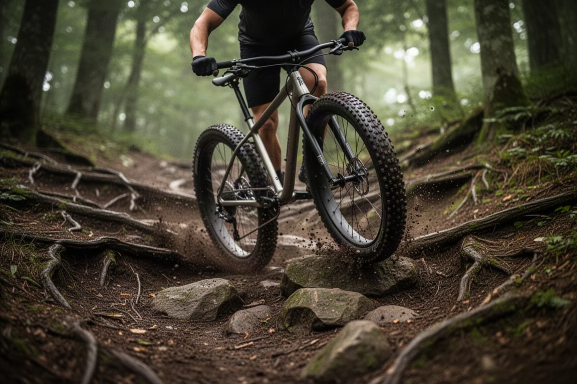 Ciclista de gravel descendo trilha íngreme com pedras e raízes na mata