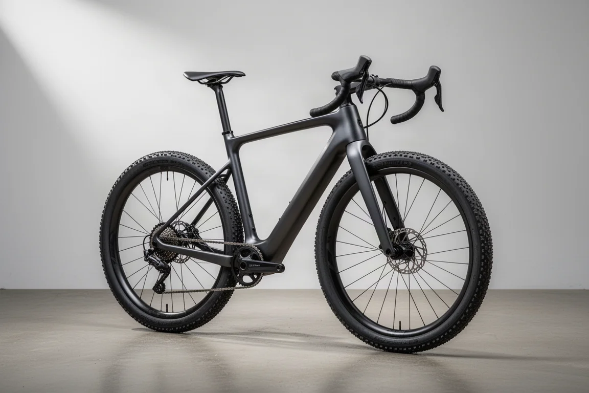 Aero gravel bike with deep down tube and wide knobby tires on a plain concrete floor