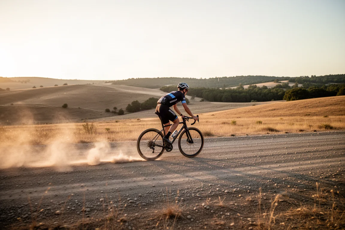 Ciclista gravel che pedala veloce su una strada sterrata aperta e asciutta nell'ora d'oro, con polvere dietro la ruota