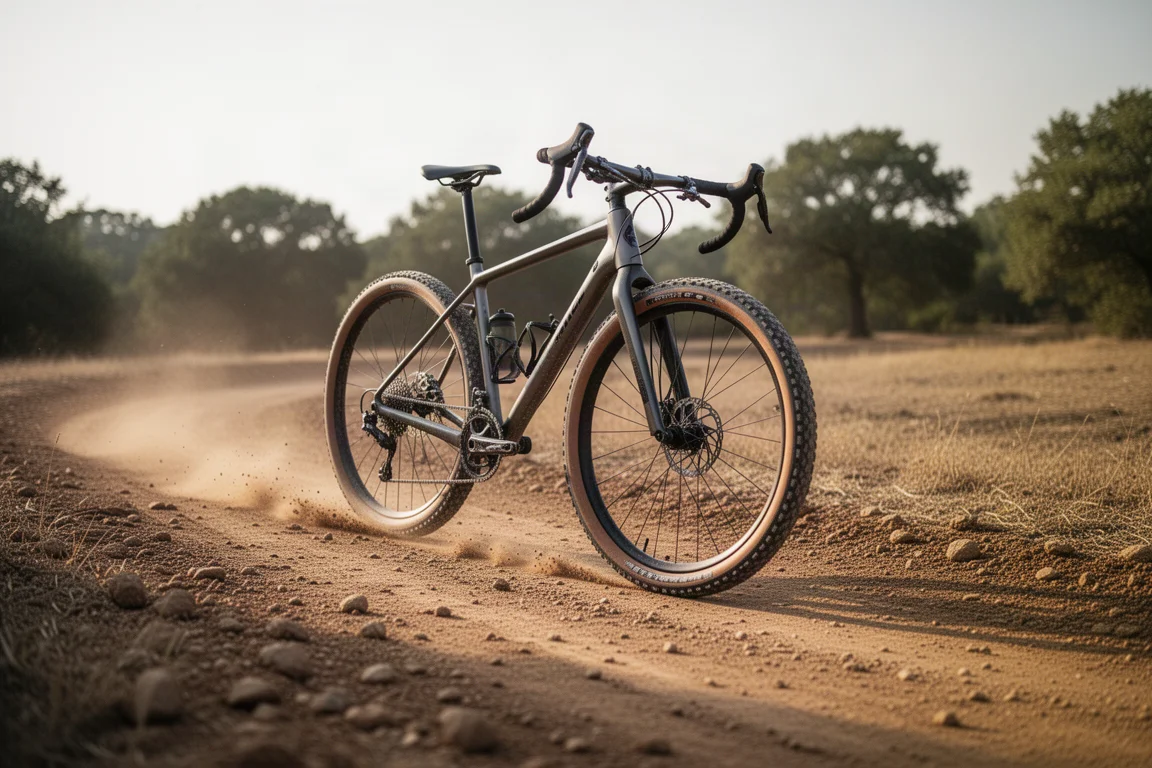 Bici da gravel piegata in una curva veloce su una pista sterrata asciutta nella luce bassa della sera