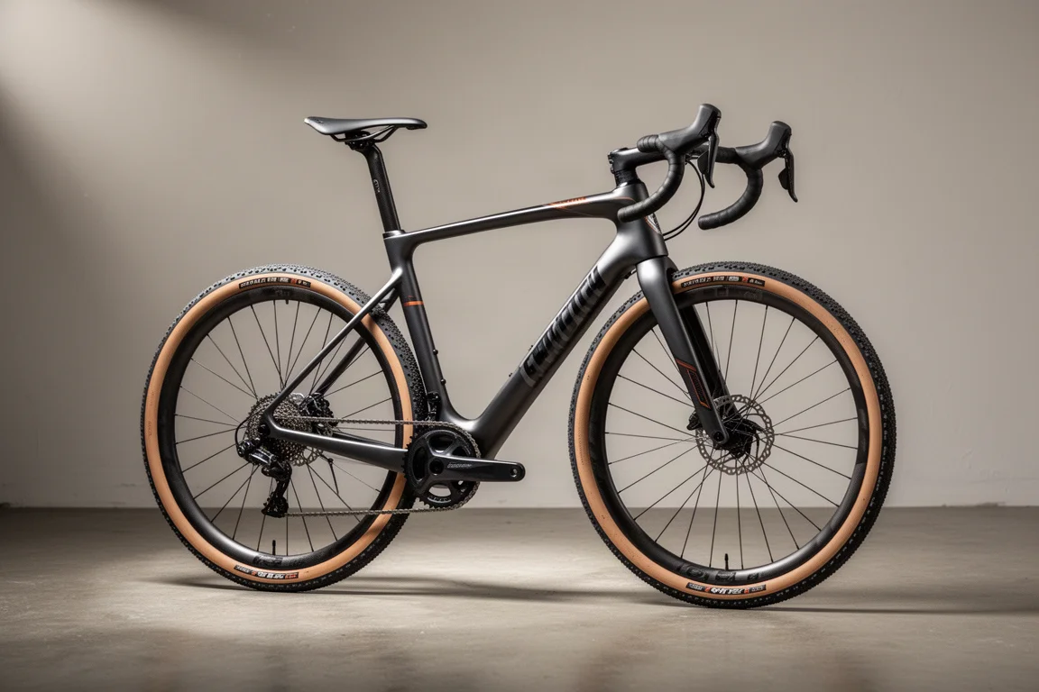 Carbon gravel race bike in profile with flared down tube and wide tan-wall tires on concrete