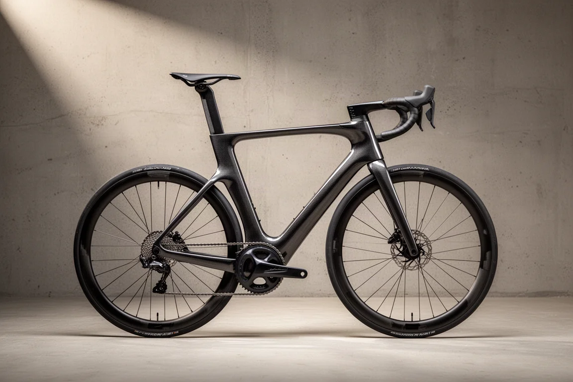 Onbewerkte carbon aero racefiets met diepe balhoofdbuis en hoogprofielwielen op een betonnen vloer