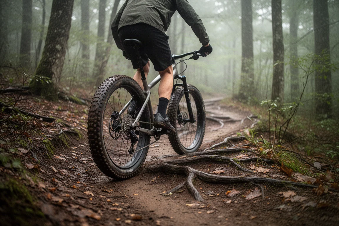 Ciclista de gravel sobre una bicicleta de cubiertas anchas en un sendero boscoso y sinuoso con condiciones húmedas