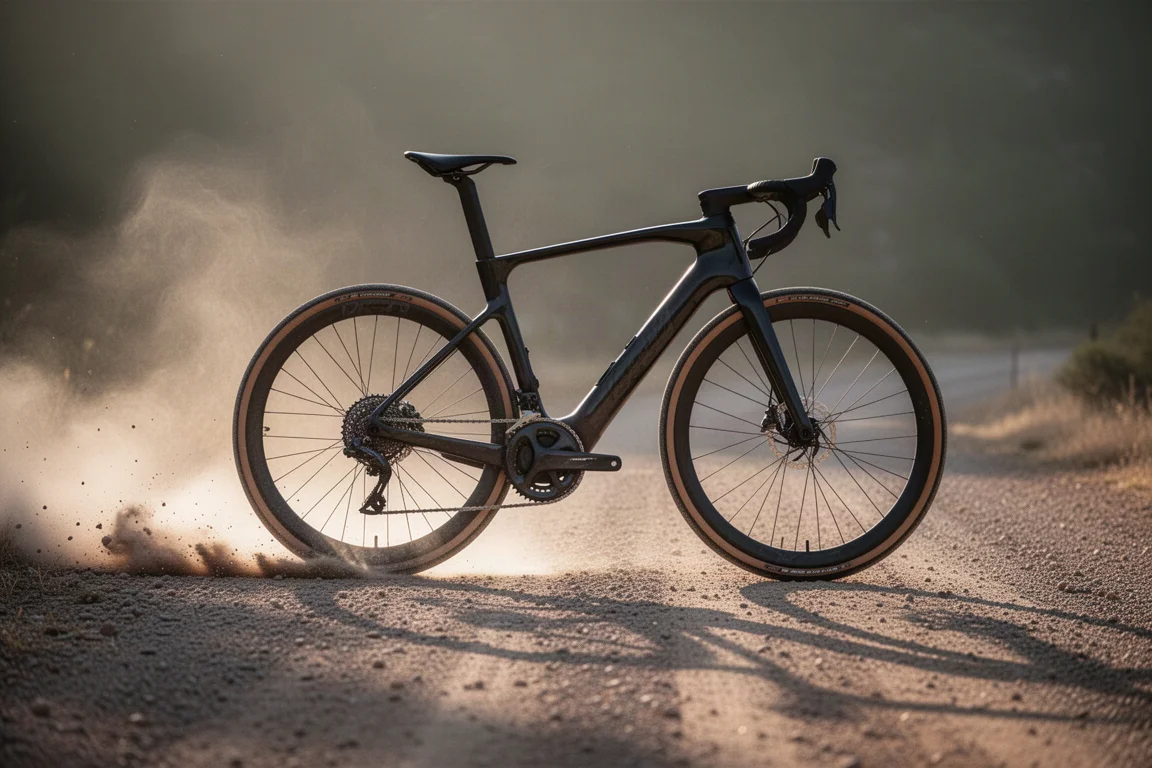 Bicicleta de gravel aero inclinada al límite en una curva de grava suelta con polvo levantándose detrás