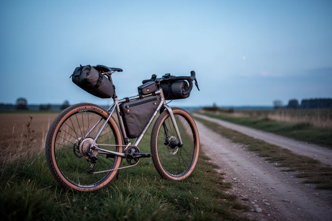 Bolsas de bikepacking cargadas sobre una bicicleta de gravel al atardecer junto a una pista rural