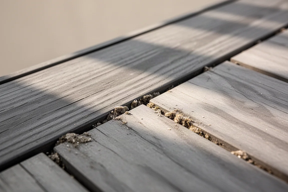 Verweerde vlonderplanken met vuil tussen de sponningen