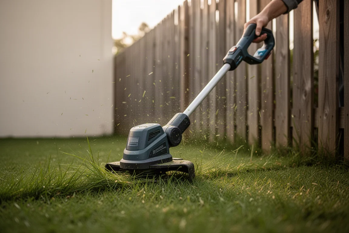 Grastrimmer die langs een tuinhek maait