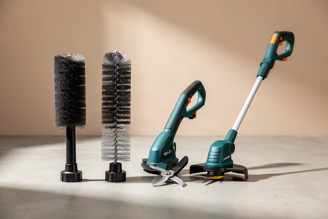 Four cordless garden tools including patio cleaners, a pruner, and a grass trimmer on concrete