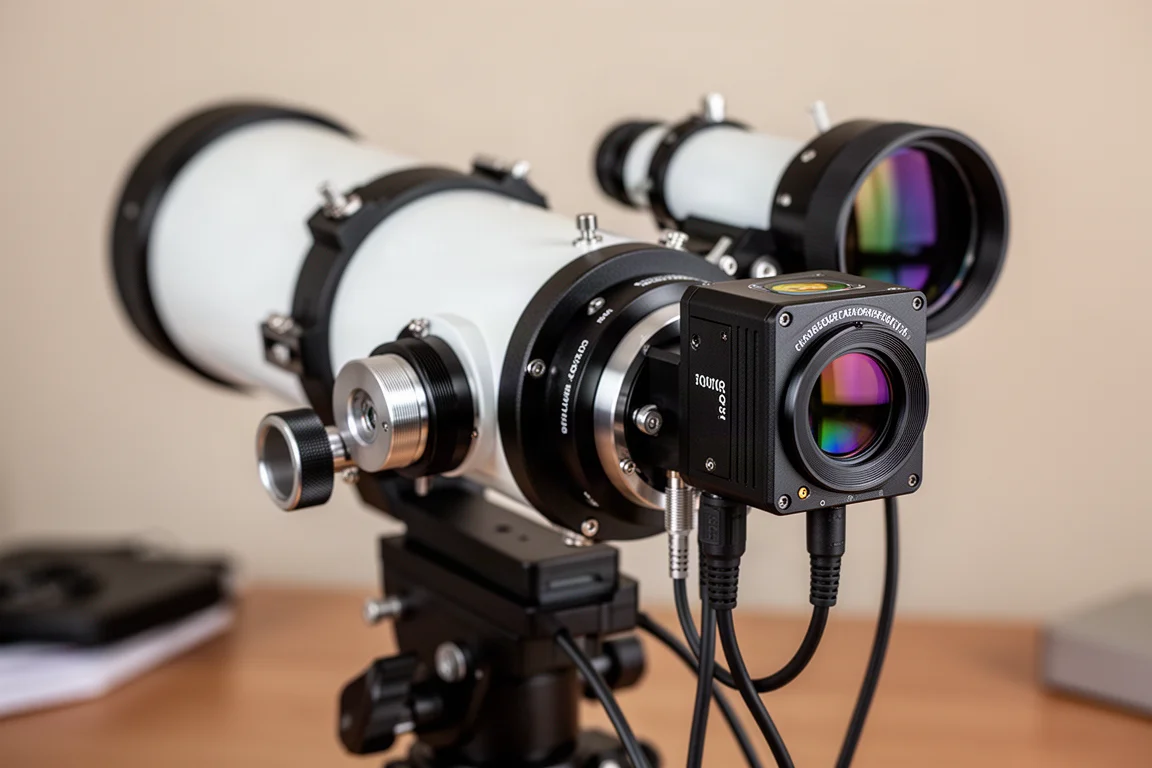Astrofotografie-Kamera und Field Flattener an den Fokussierer eines Teleskops geschraubt