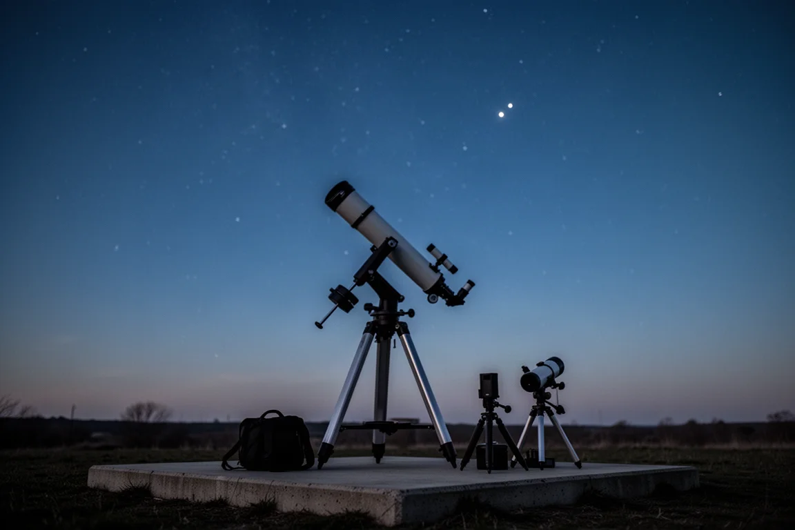 Teleskop richtet sich auf eine Nebelregion am vor Sonnenaufgang hellen Himmel