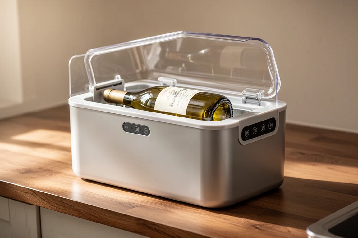 Bottle of wine being placed into a rapid beverage chilling machine on a kitchen counter